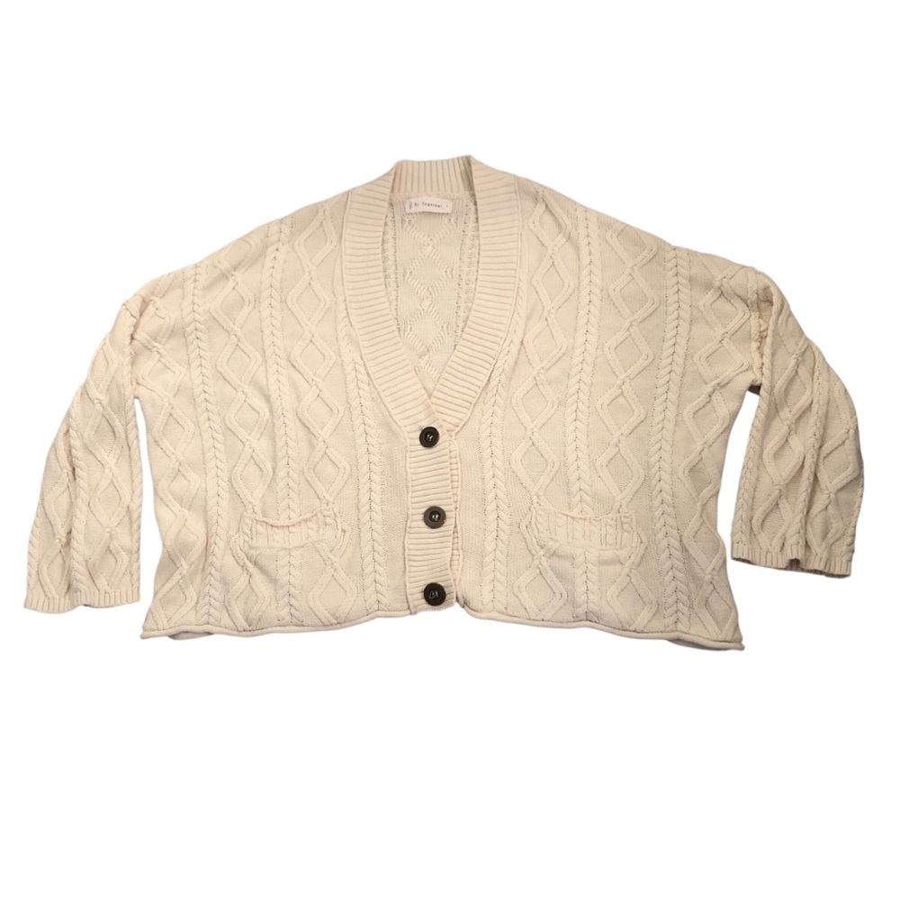 Cottagecore Ivory 100% Cotton Cable Knit Cardigan with Diamond Pattern Size M